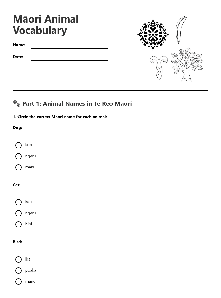 Māori Animal Vocabulary worksheet preview