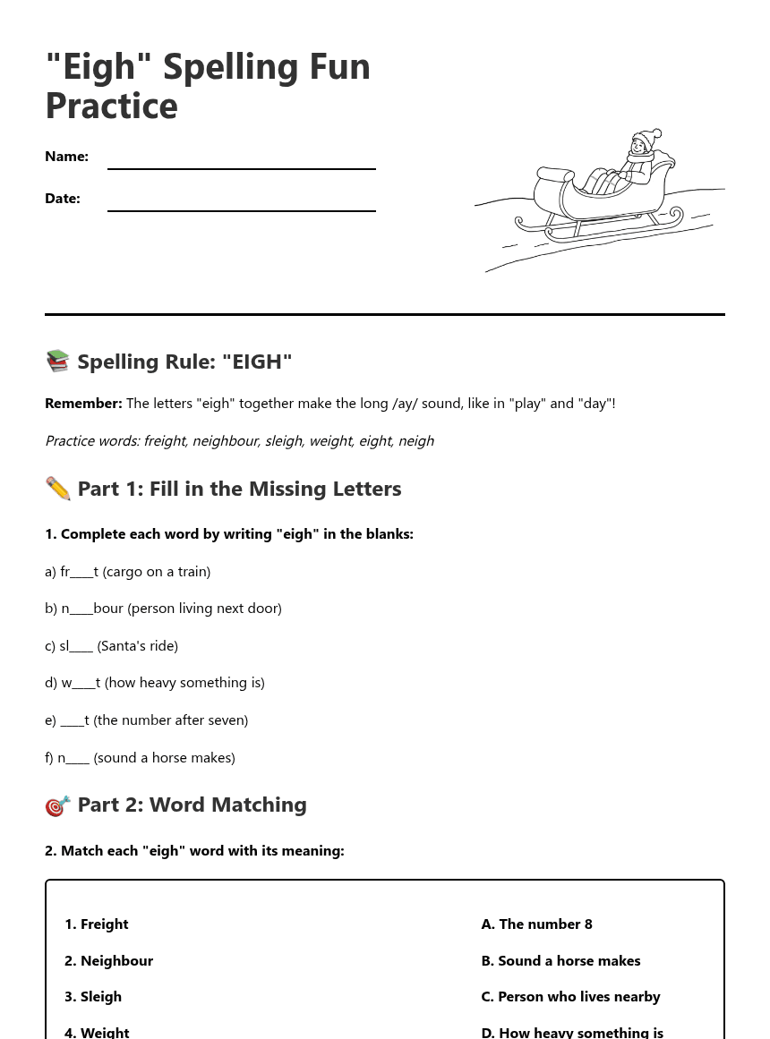 "Eigh" Spelling Fun Practice worksheet preview