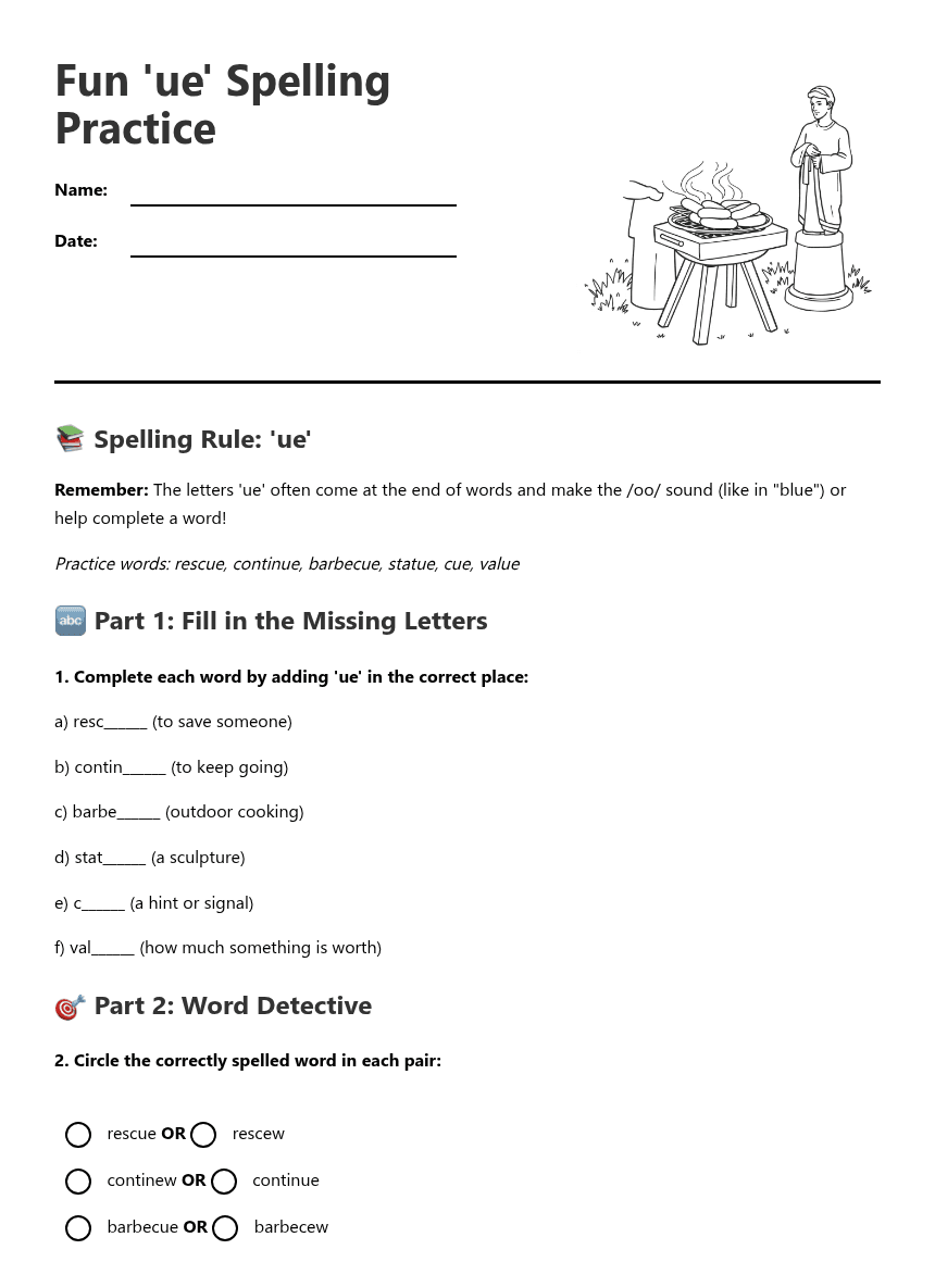 Fun 'ue' Spelling Practice worksheet preview