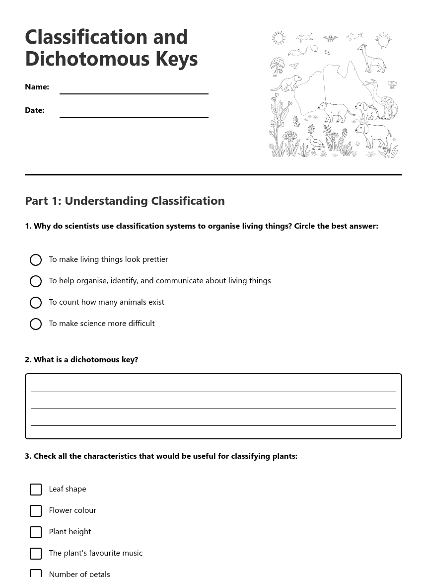 Classification and Dichotomous Keys worksheet preview
