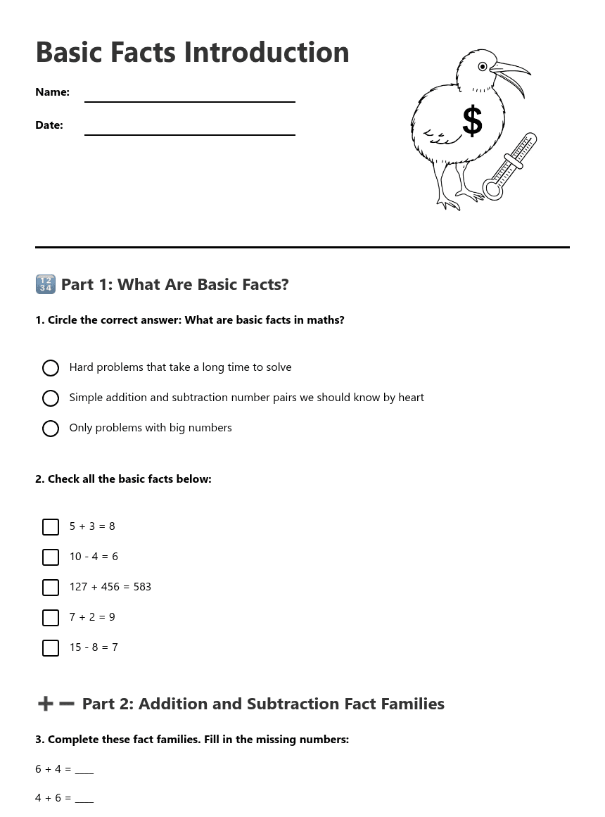 Basic Facts Introduction worksheet preview