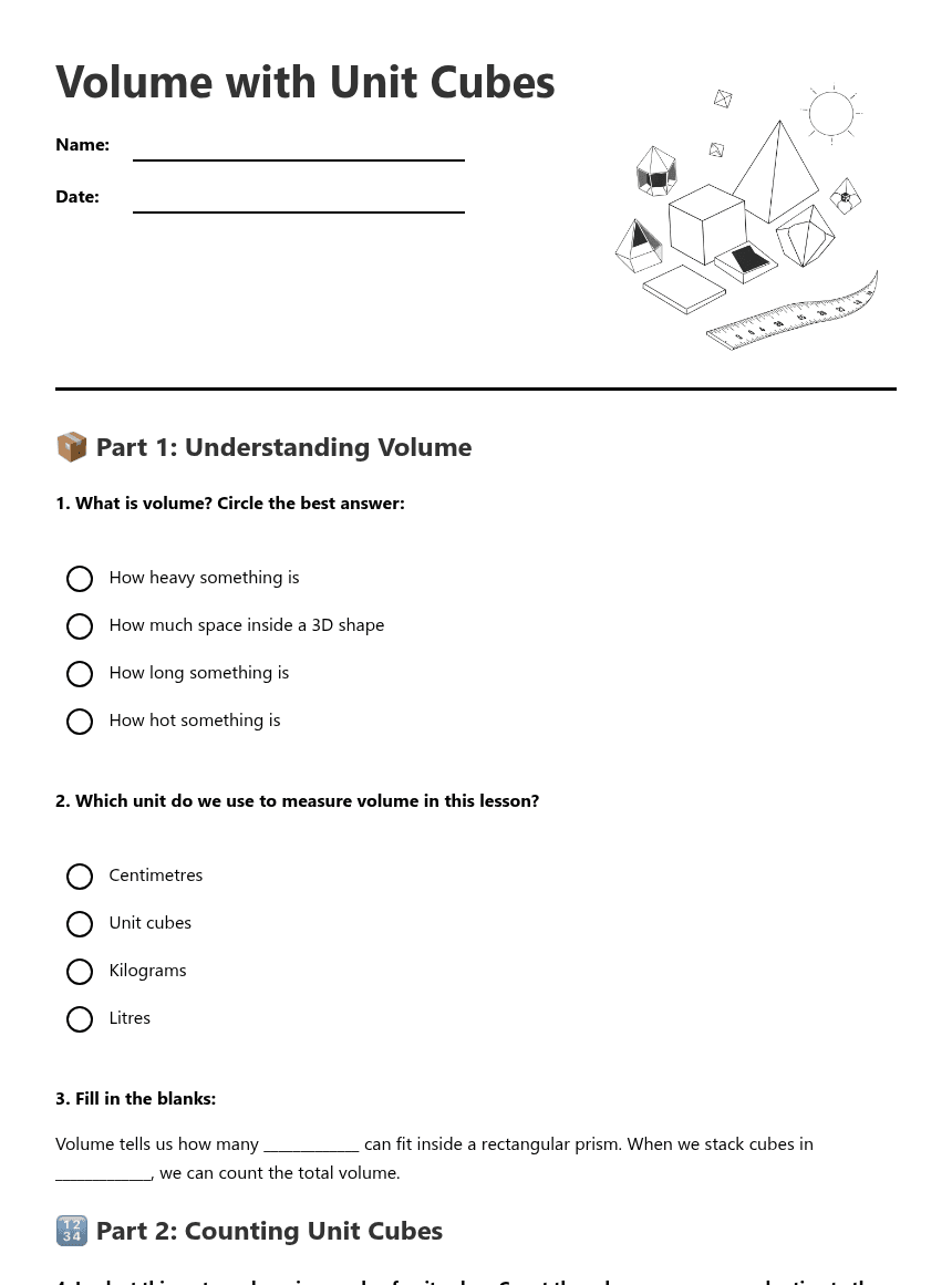Volume with Unit Cubes worksheet preview