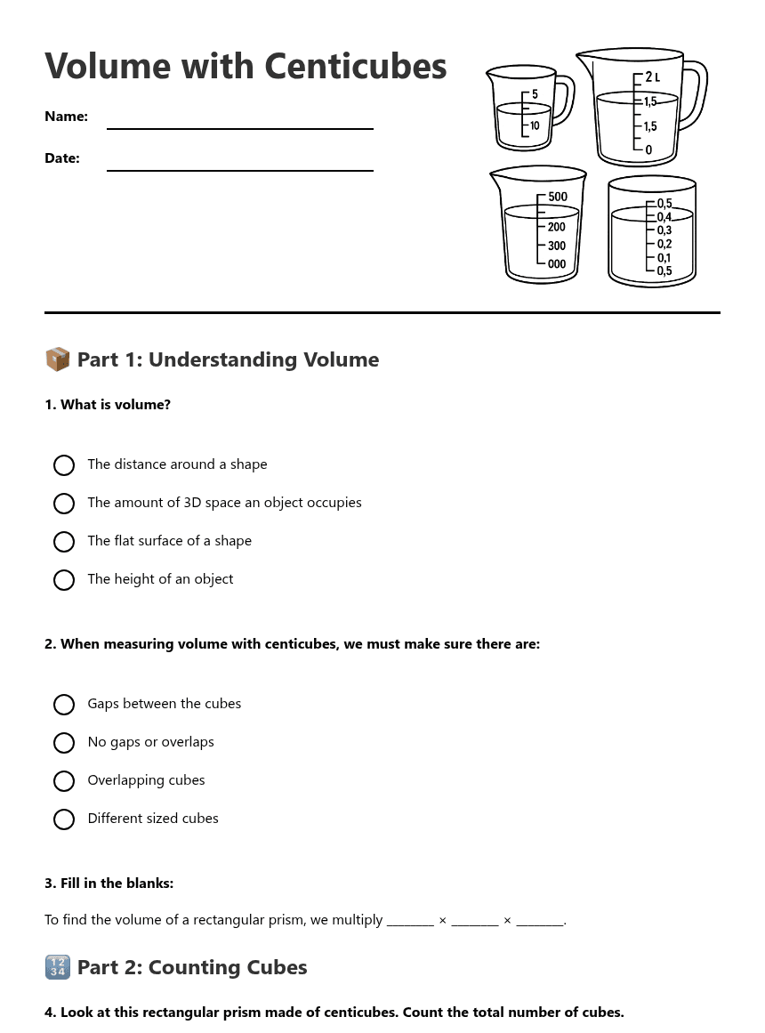 Volume with Centicubes worksheet preview