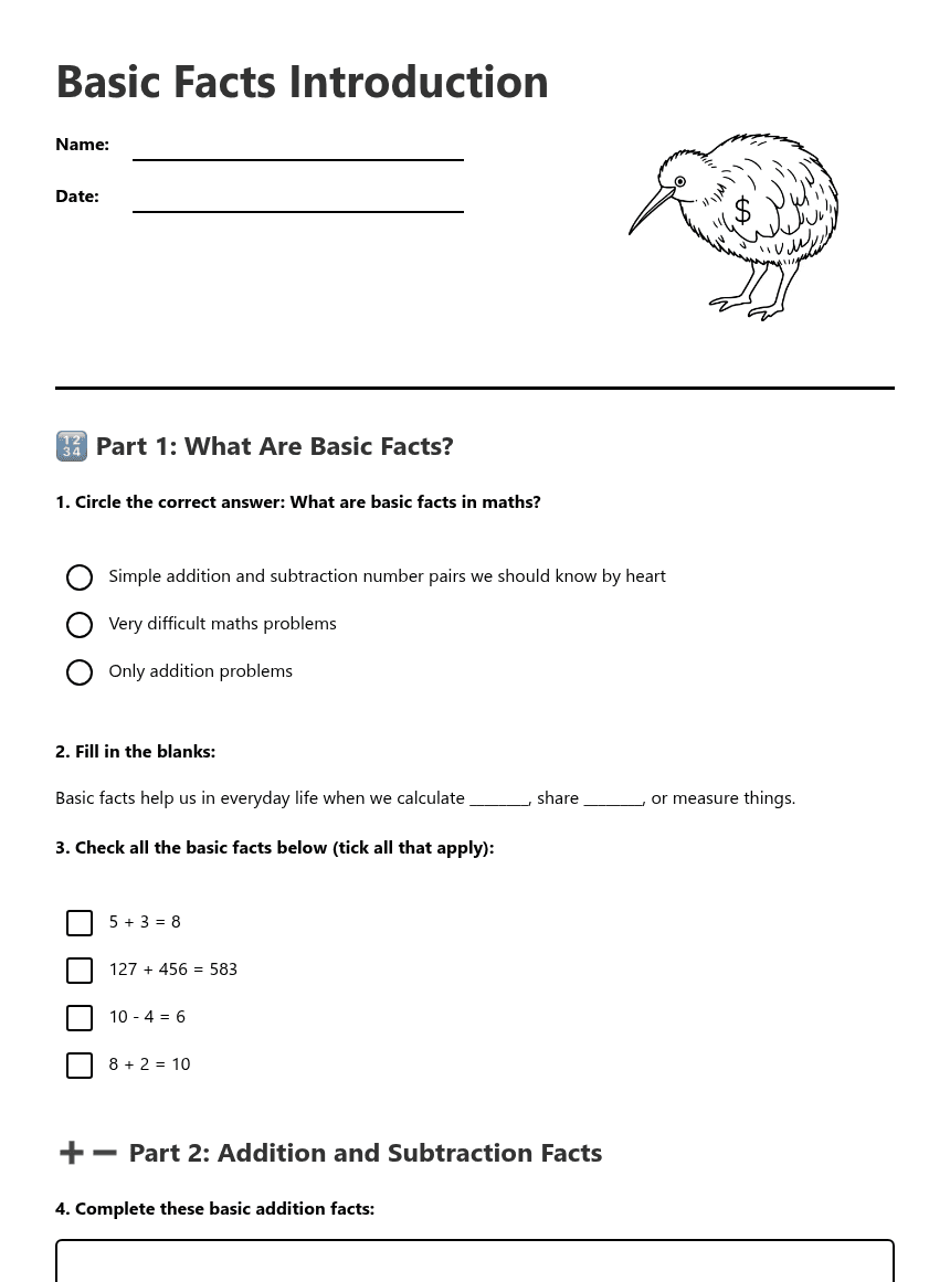 Basic Facts Introduction worksheet preview