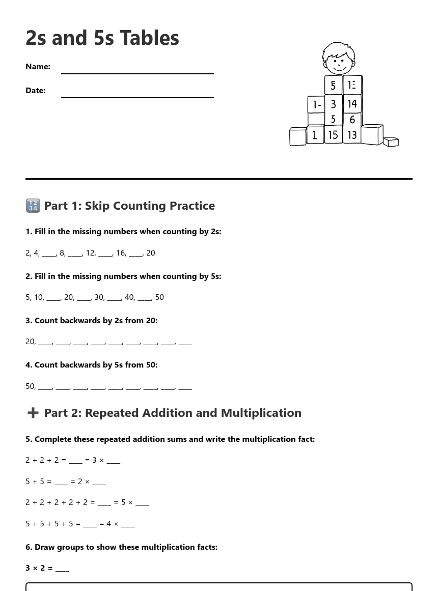 2s and 5s Tables worksheet preview