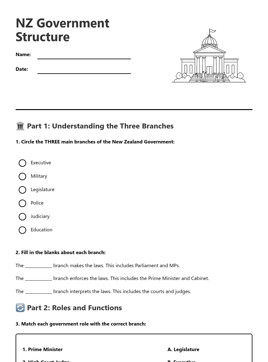 NZ Government Structure worksheet preview