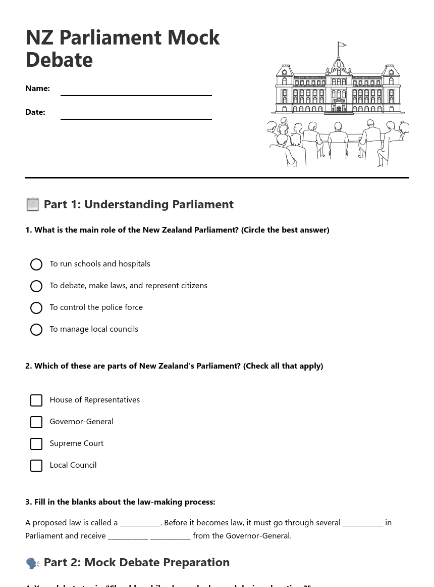NZ Parliament Mock Debate worksheet preview