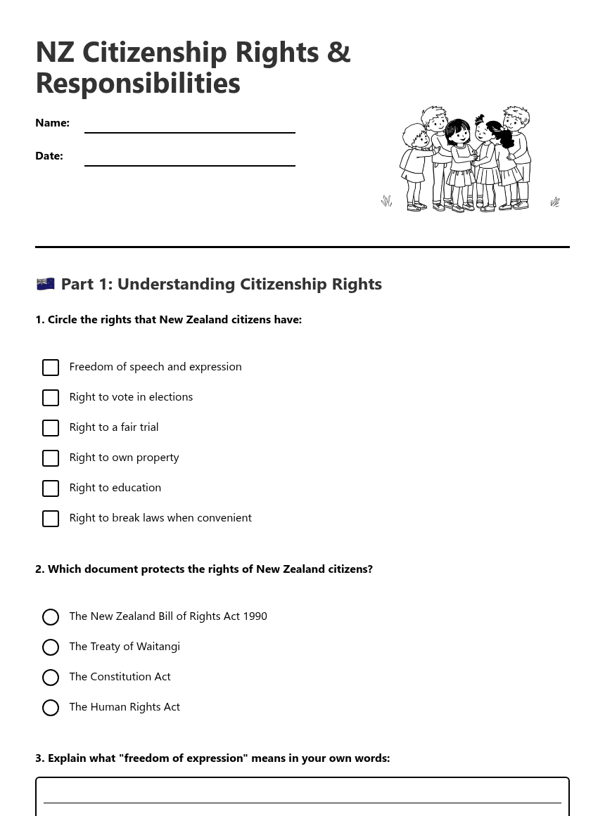 NZ Citizenship Rights Responsibilities worksheet preview