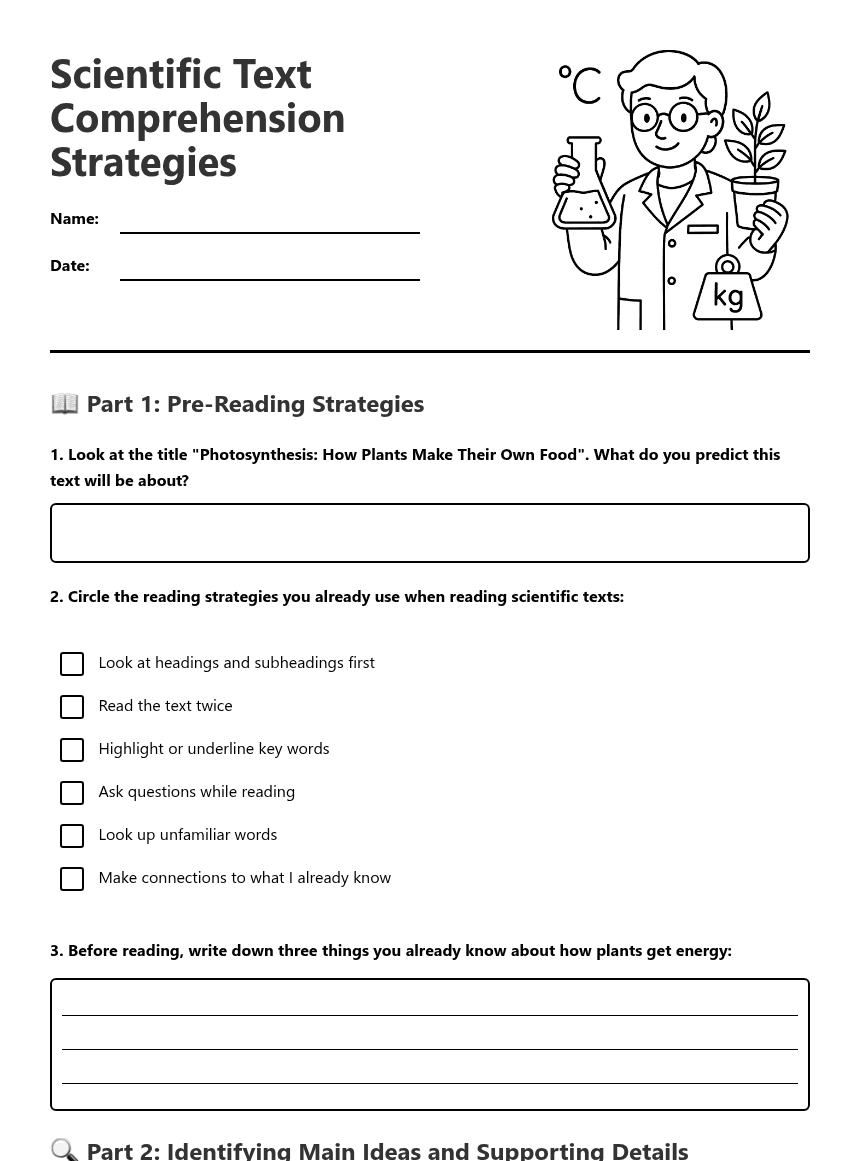 Scientific Text Comprehension Strategies worksheet preview
