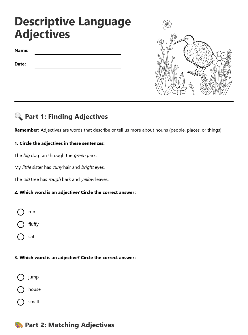 Descriptive Language Adjectives worksheet preview