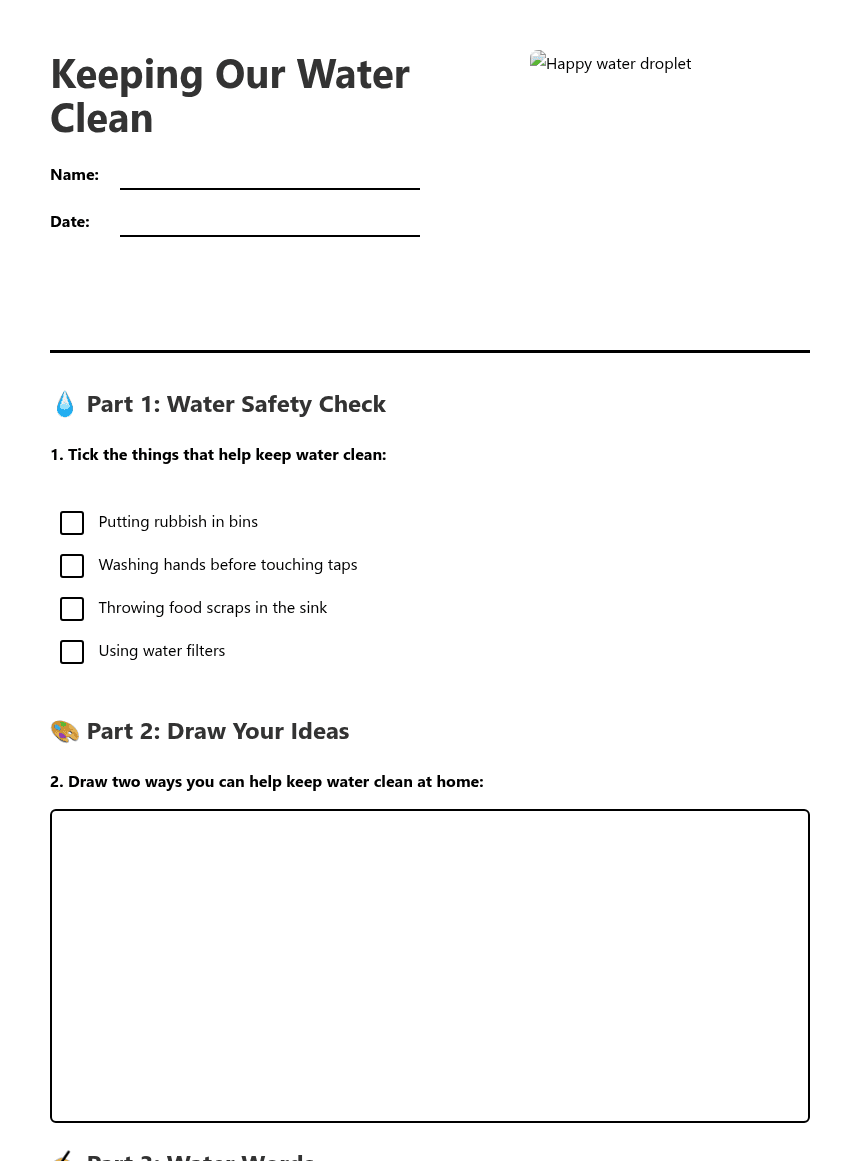 Keeping Our Water Clean worksheet preview