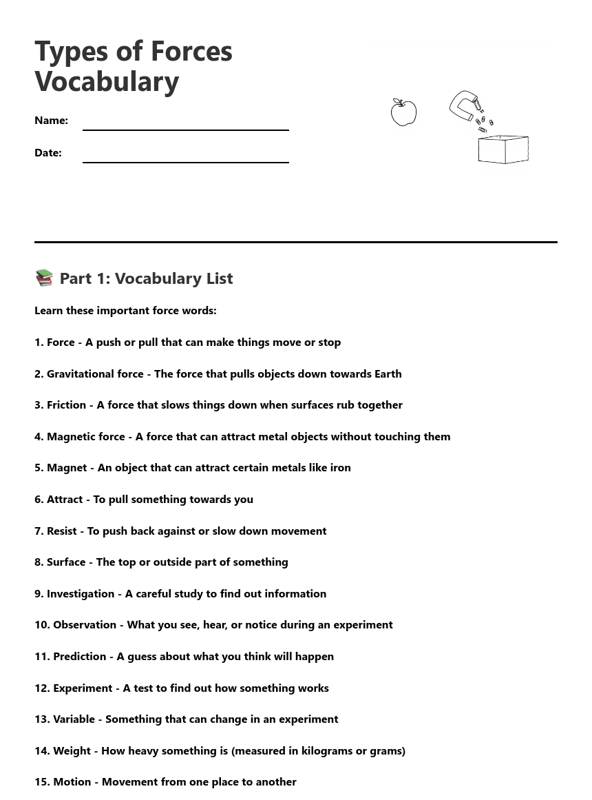 Types of Forces Vocabulary worksheet preview