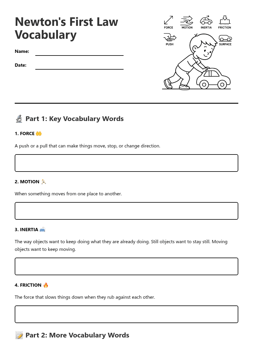 Newton's First Law Vocabulary worksheet preview