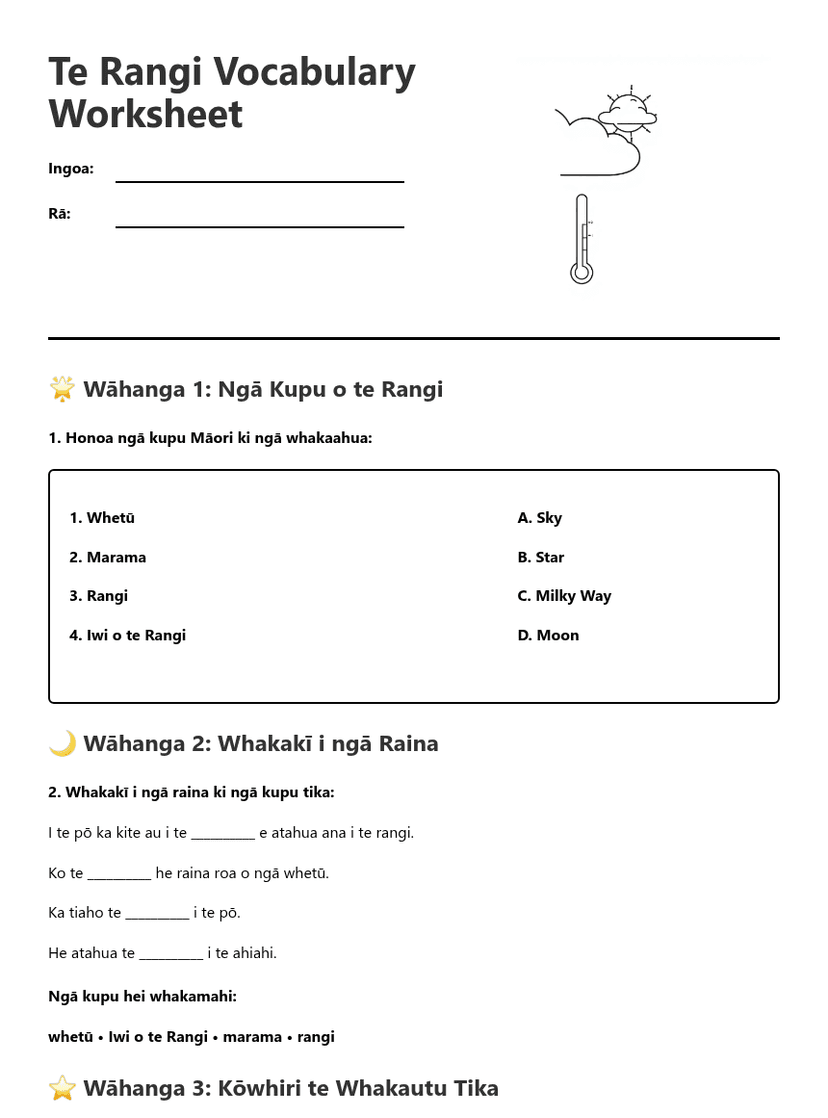 Te Rangi Vocabulary Worksheet