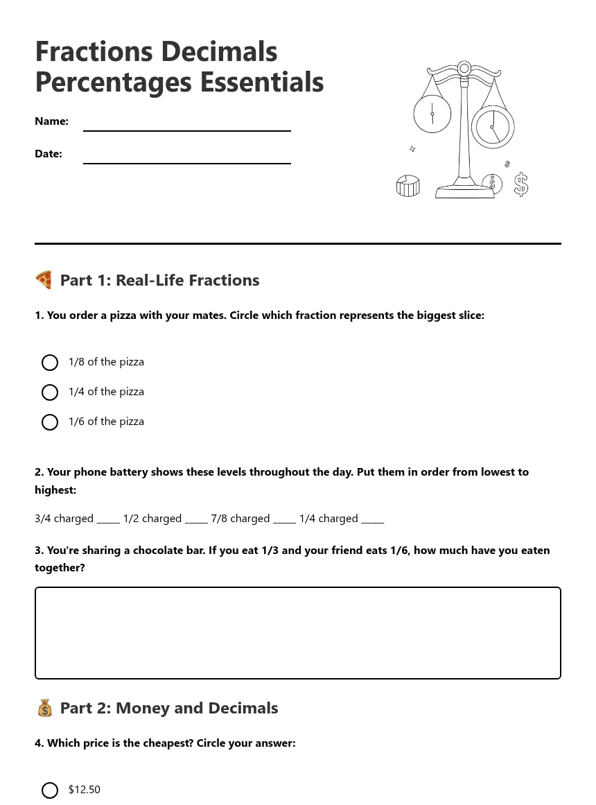 Fractions Decimals Percentages Essentials worksheet preview