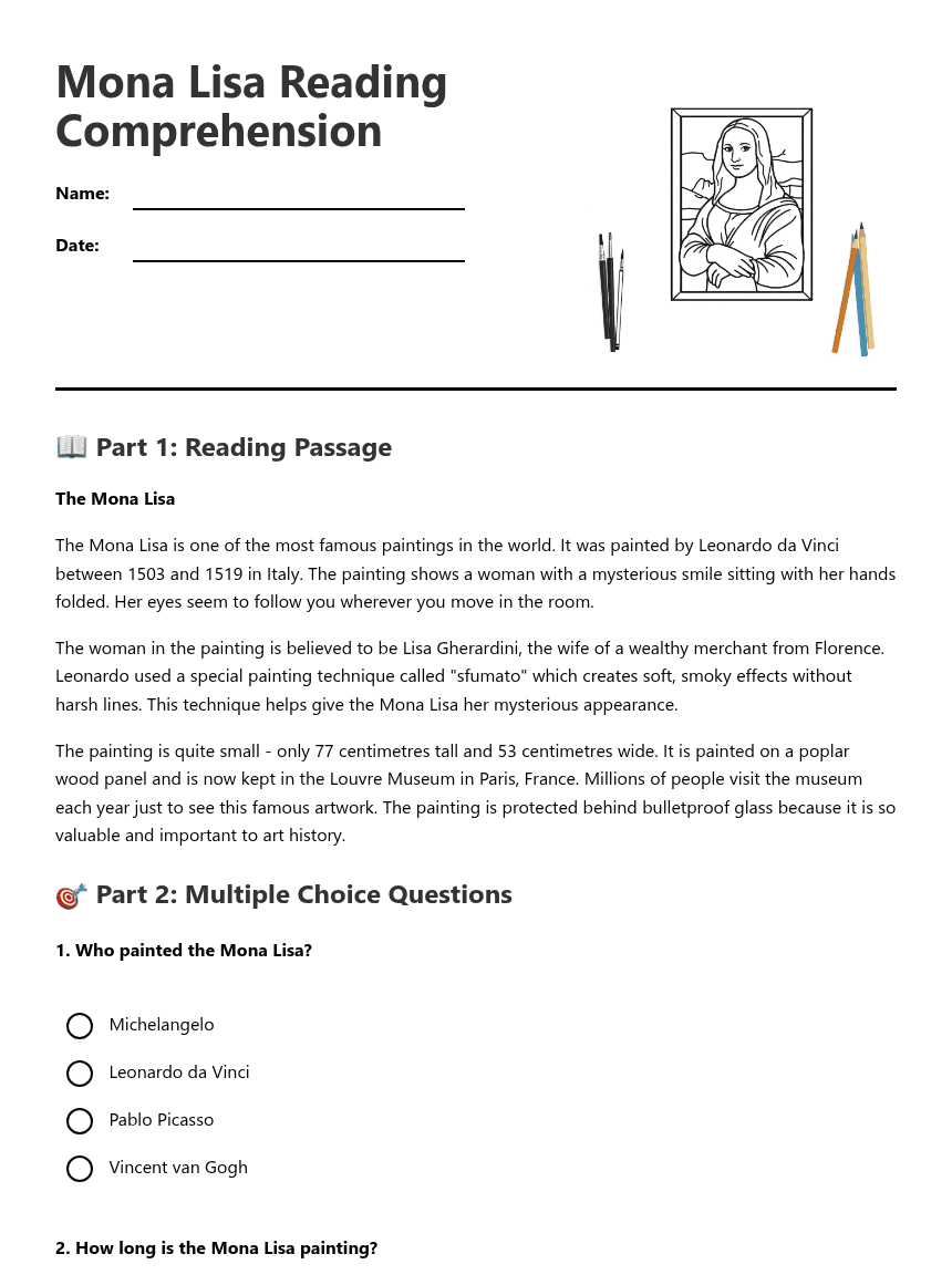 Mona Lisa Reading Comprehension worksheet preview