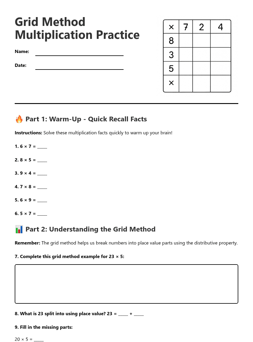 Grid Method Multiplication Practice worksheet preview