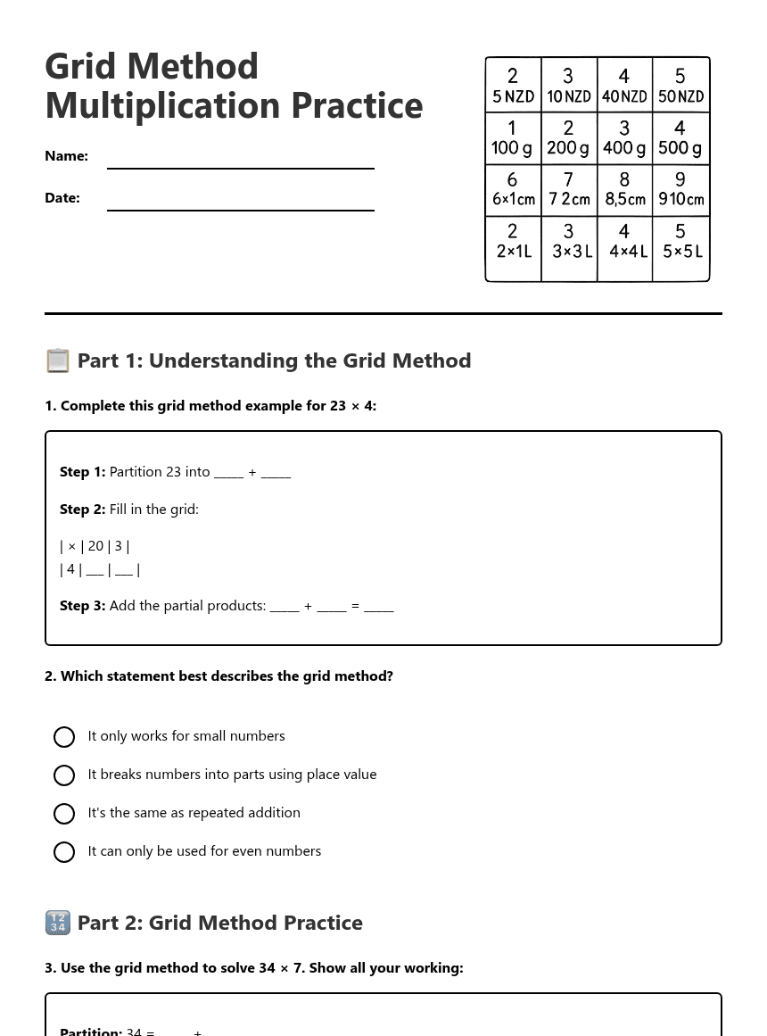 Grid Method Multiplication Practice worksheet preview