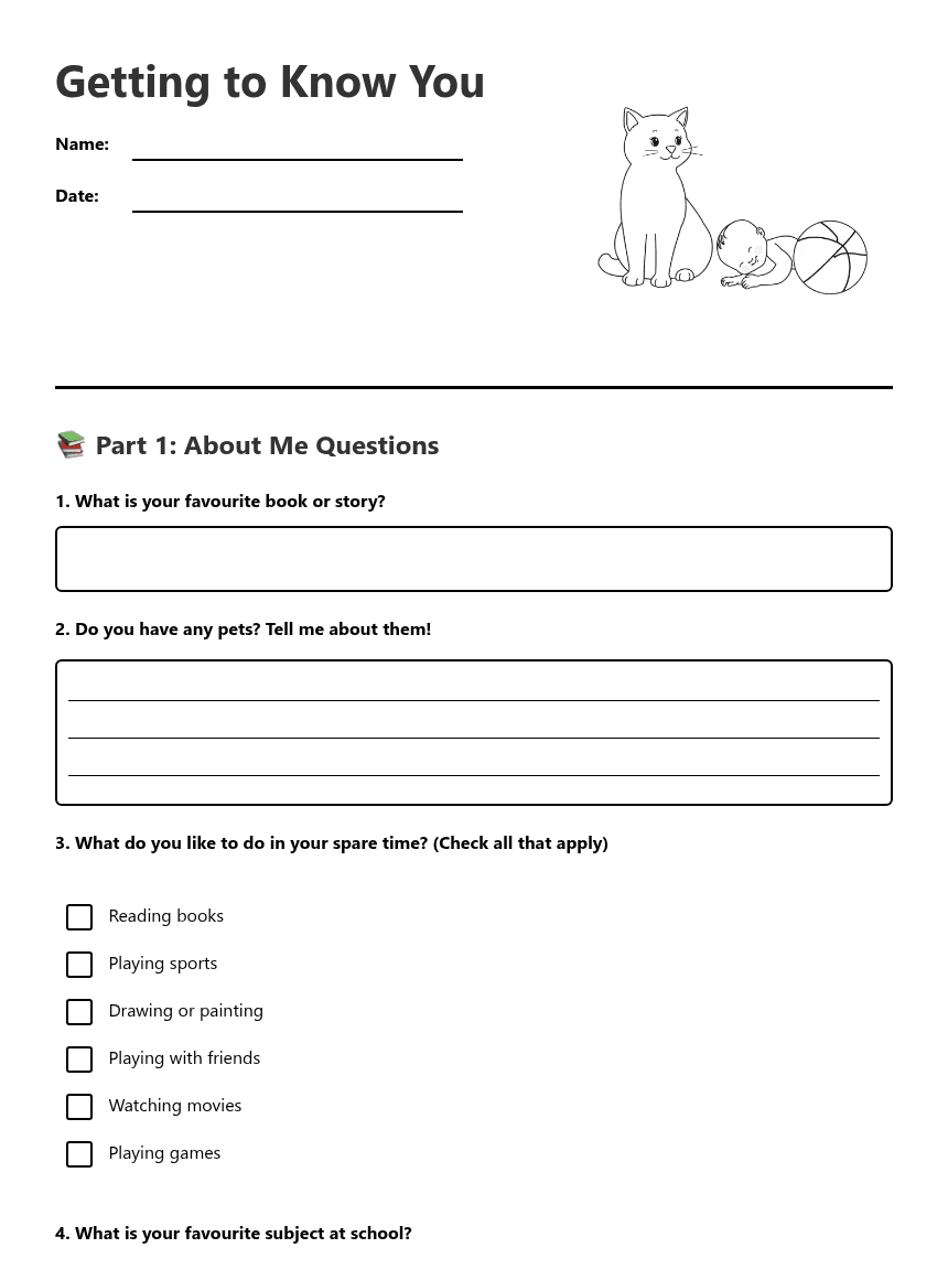 Getting to Know You worksheet preview