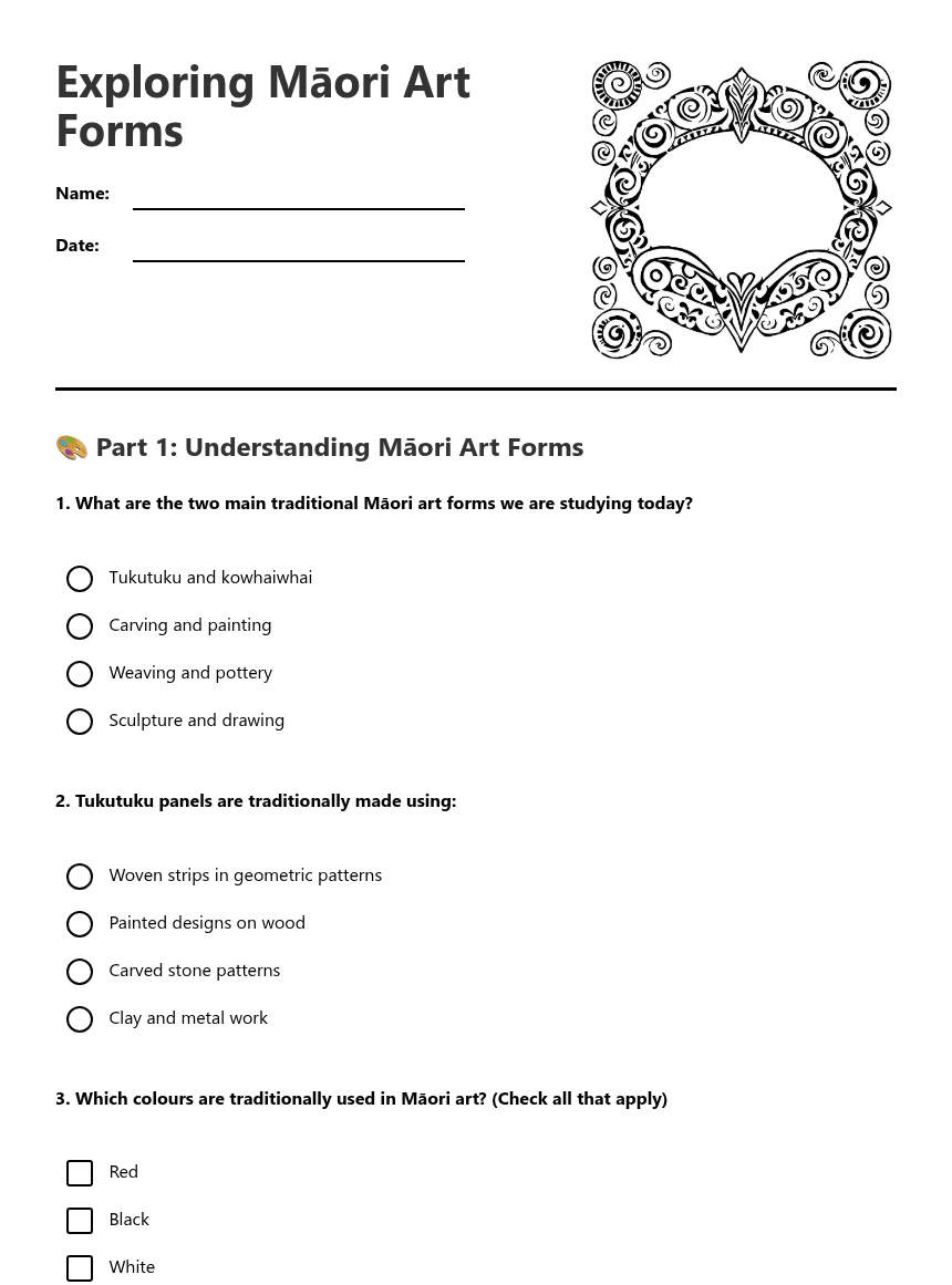 Exploring Māori Art Forms worksheet preview