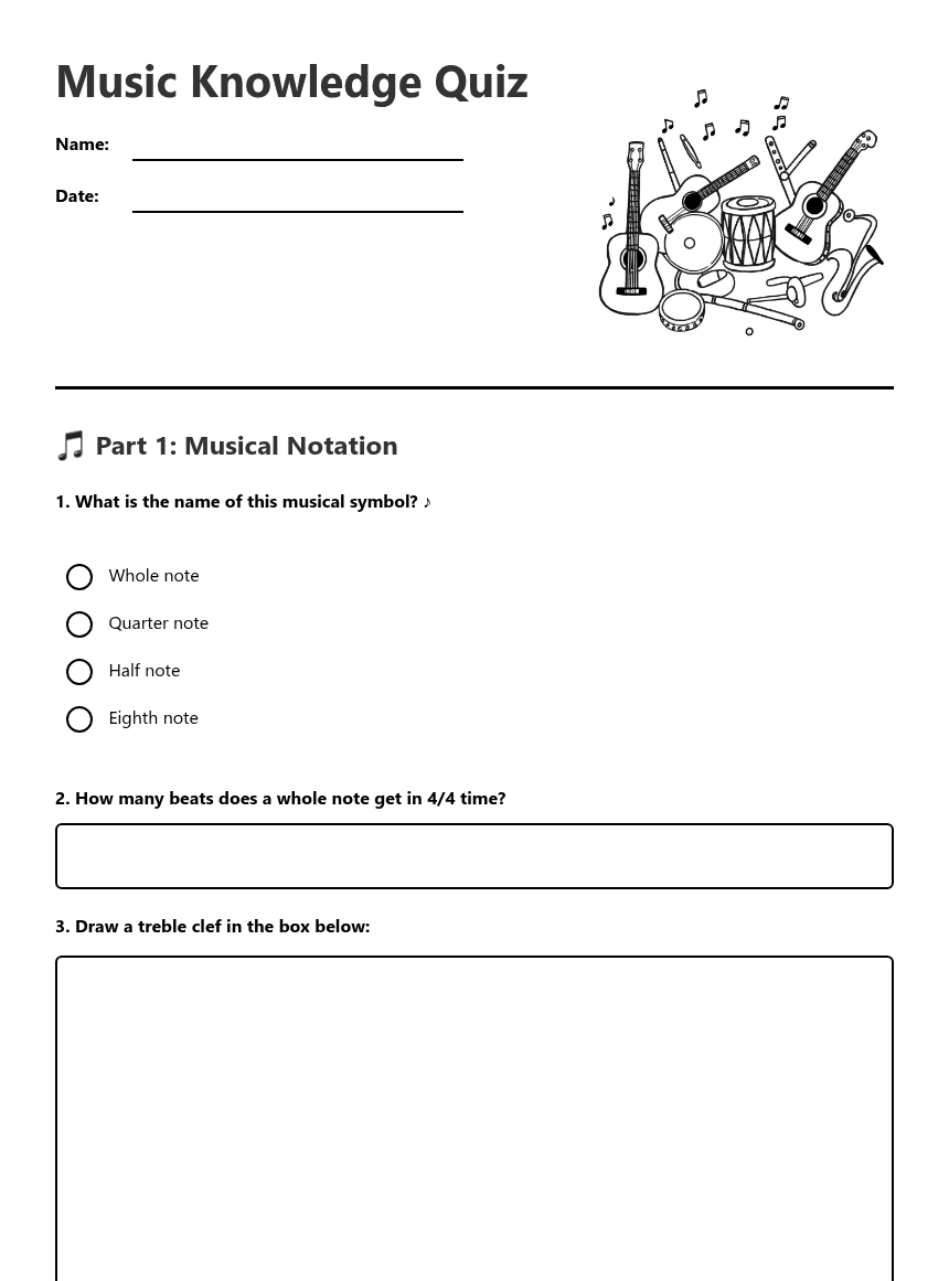 Music Knowledge Quiz worksheet preview