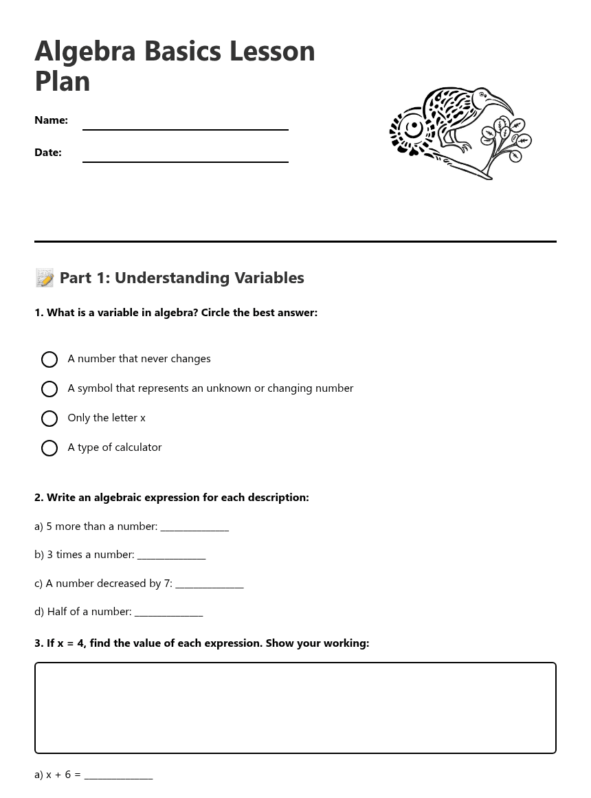 Algebra Basics Lesson Plan worksheet preview