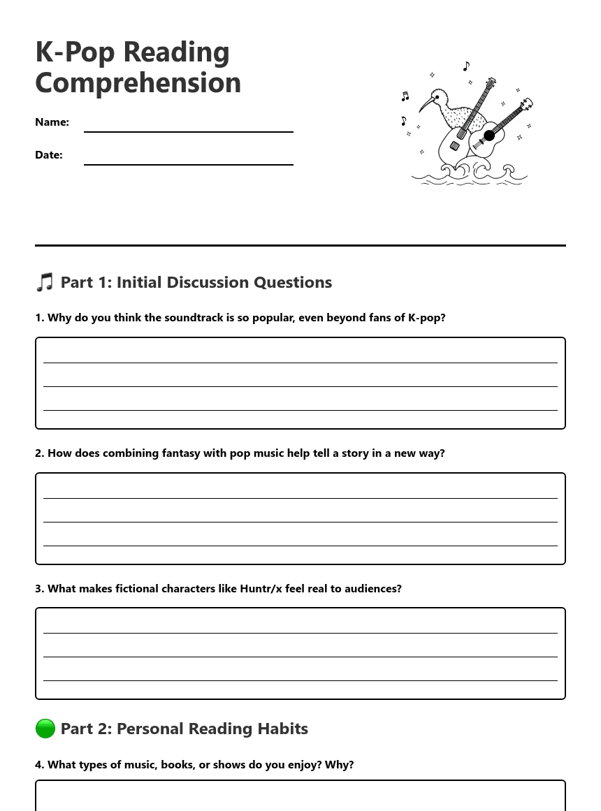 K-Pop Reading Comprehension worksheet preview