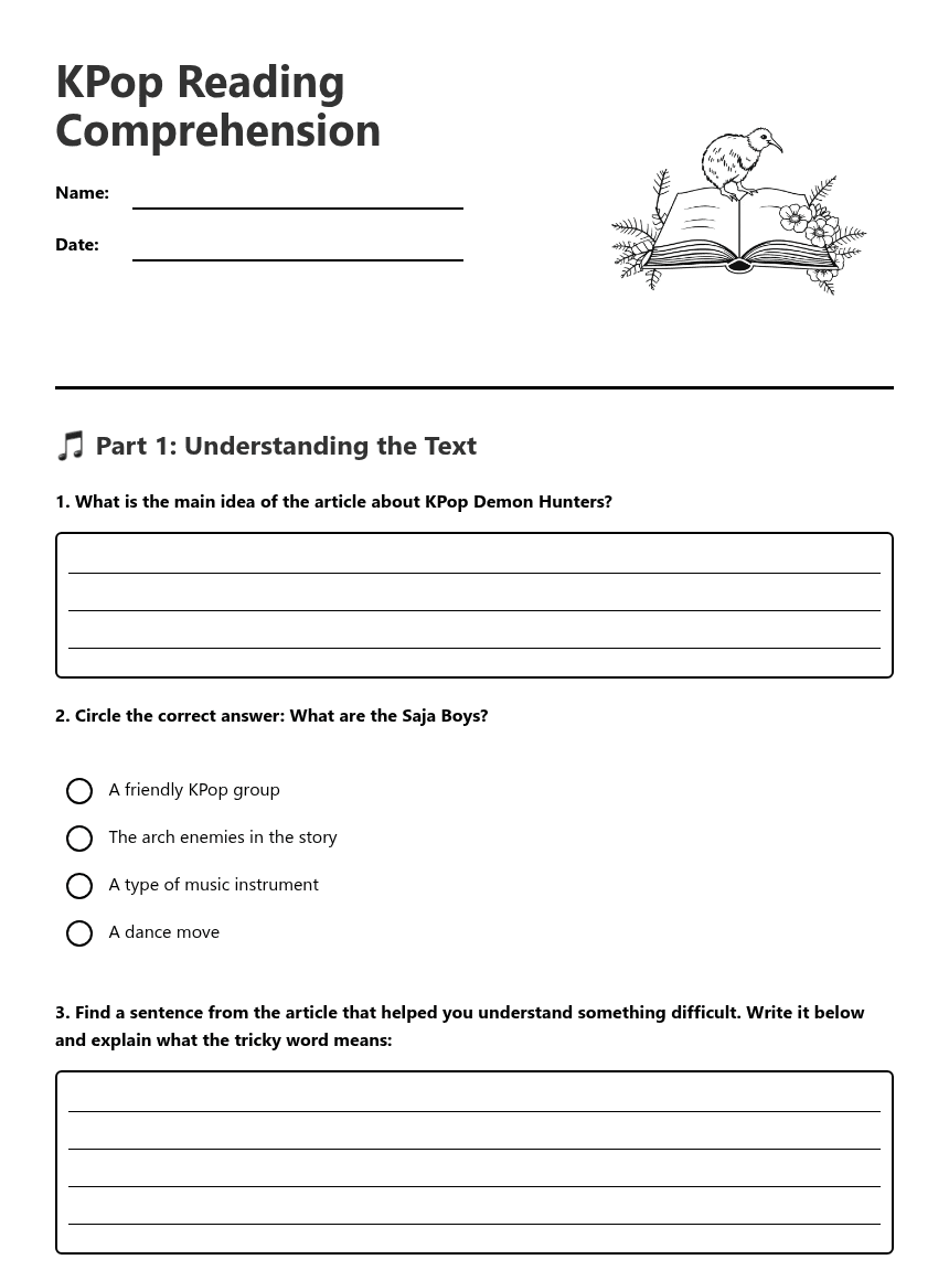 KPop Reading Comprehension worksheet preview
