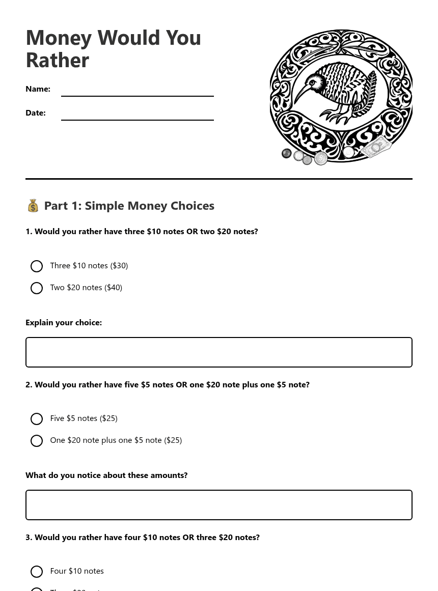Money Would You Rather worksheet preview
