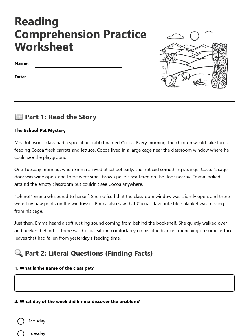 Reading Comprehension Practice Worksheet worksheet preview