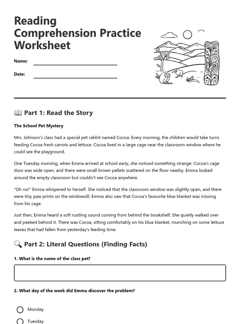 Reading Comprehension Practice Worksheet