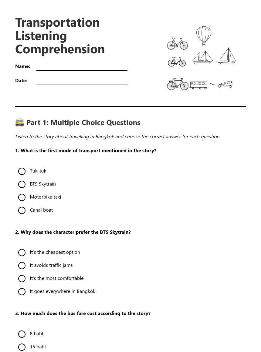 Transportation Listening Comprehension worksheet preview