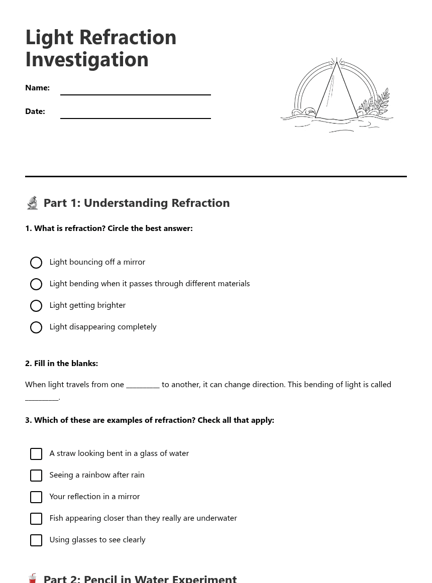 Light Refraction Investigation worksheet preview