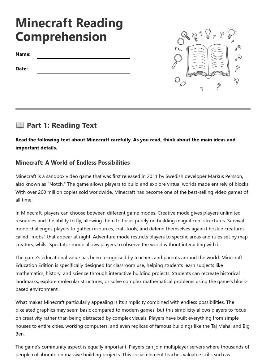 Minecraft Reading Comprehension worksheet preview