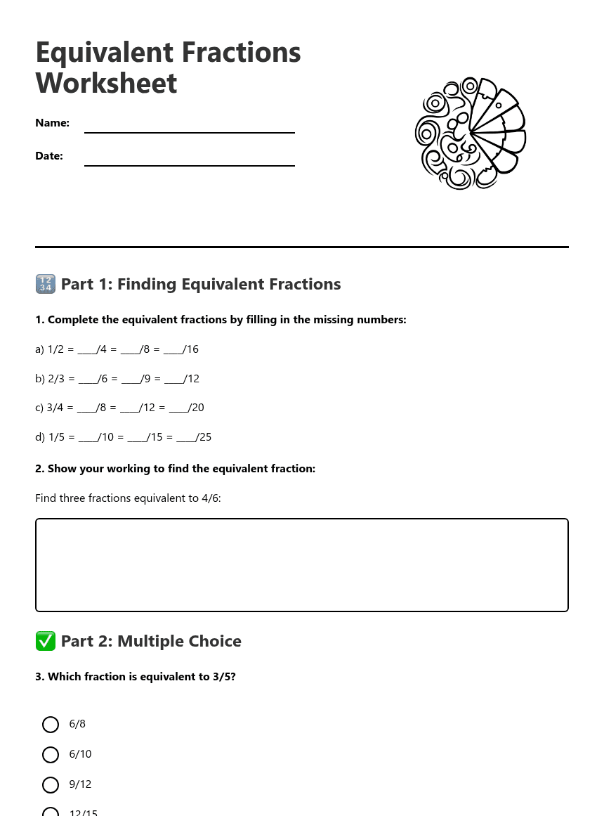 Equivalent Fractions Worksheet worksheet preview