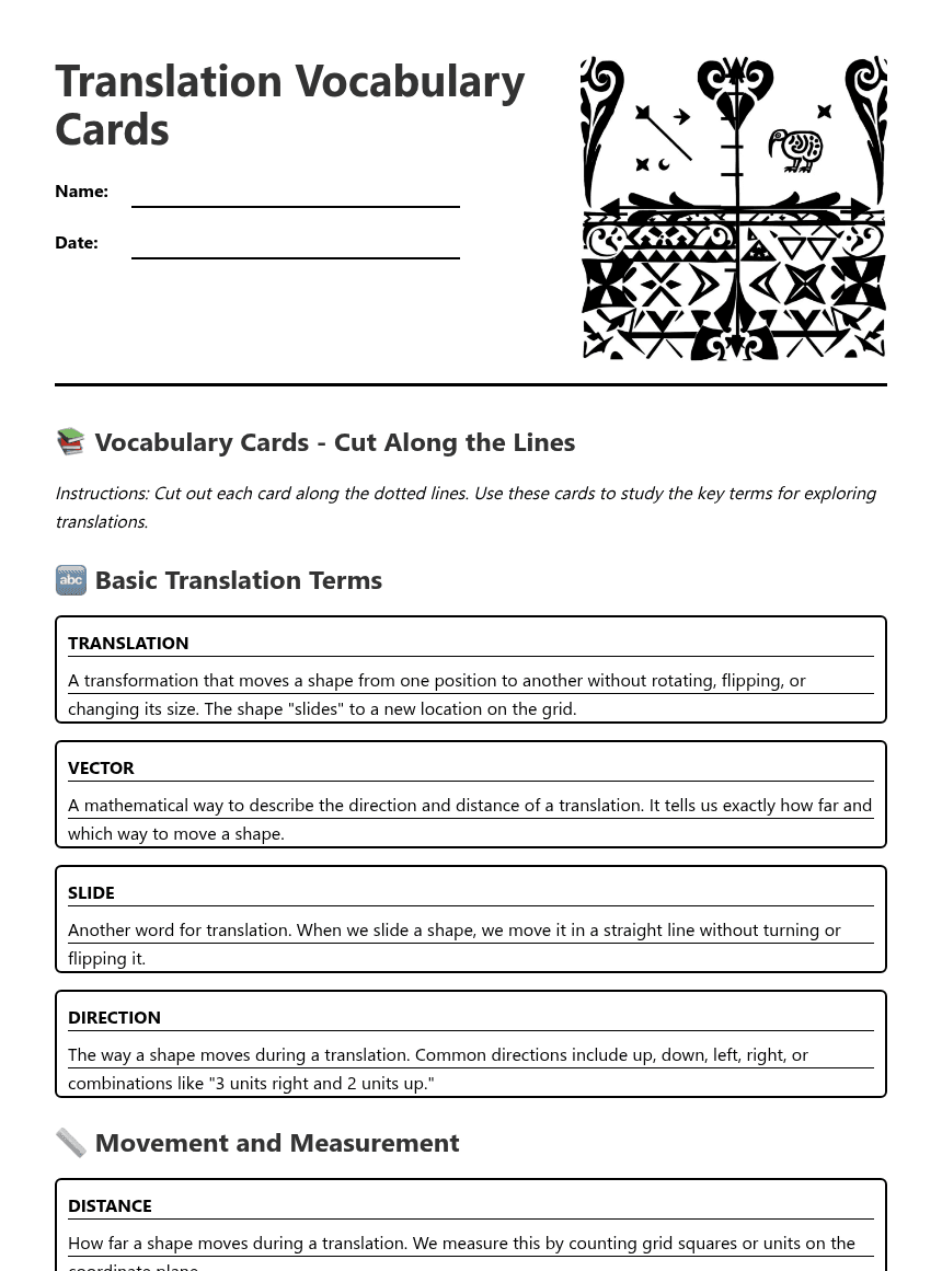 Translation Vocabulary Cards worksheet preview