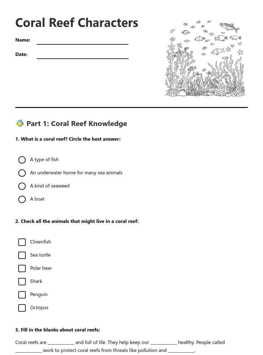 Coral Reef Characters worksheet preview