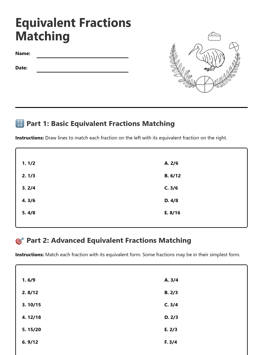 Equivalent Fractions Matching worksheet preview