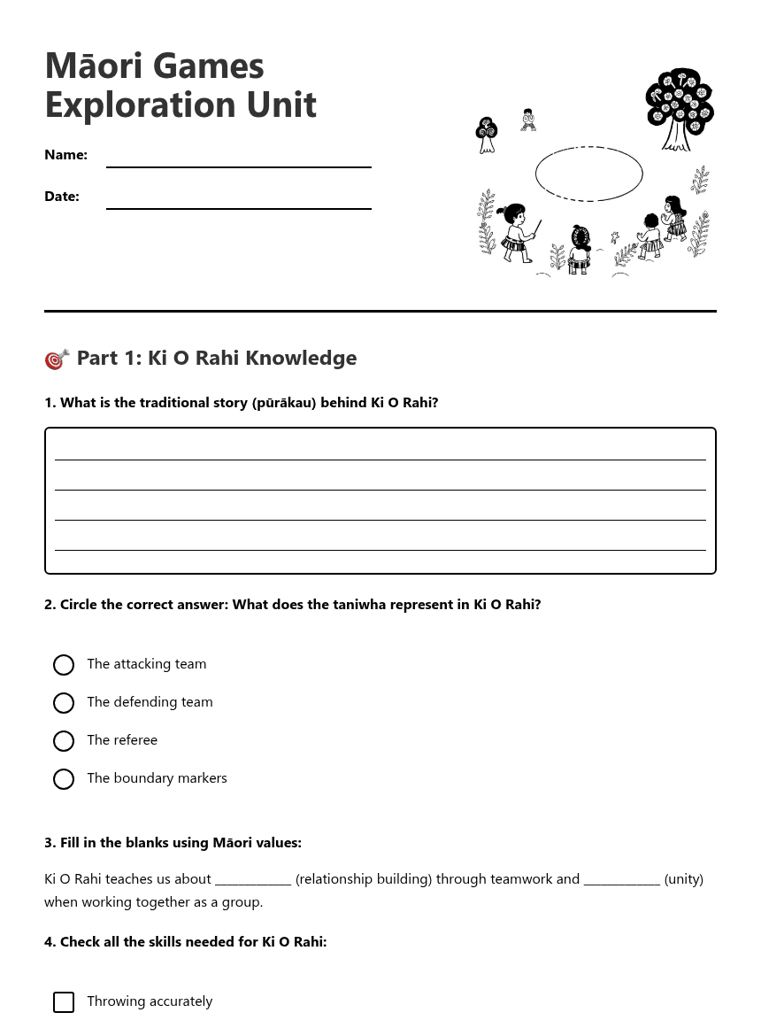 Māori Games Exploration Unit worksheet preview