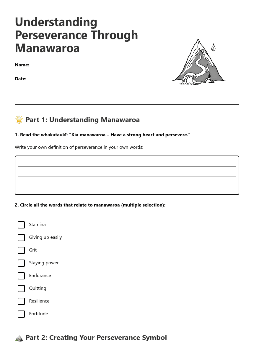 Understanding Perseverance Through Manawaroa worksheet preview