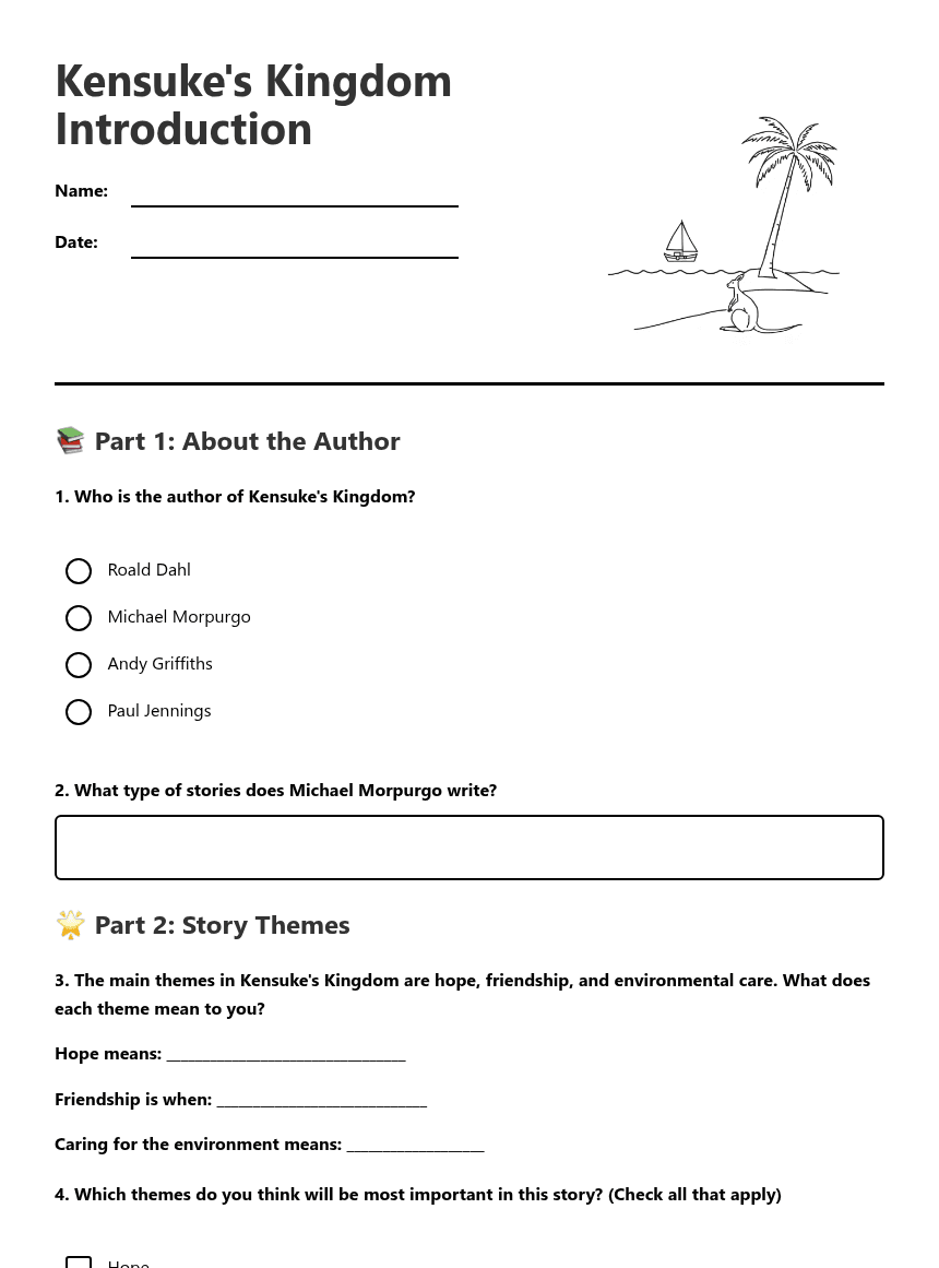 Kensuke's Kingdom Introduction worksheet preview