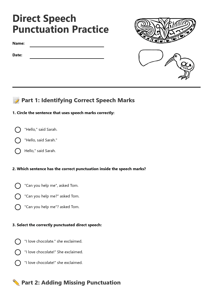 Direct Speech Punctuation Practice worksheet preview
