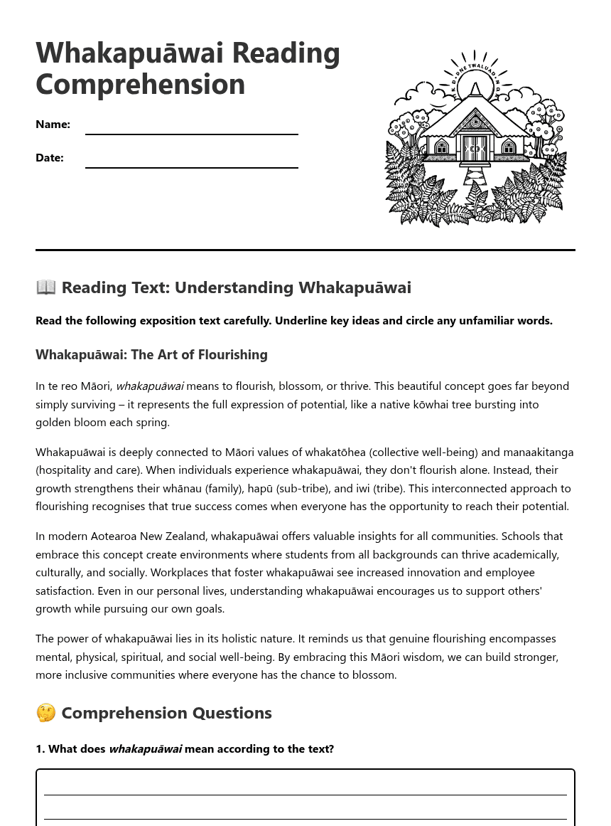 Whakapuāwai Reading Comprehension worksheet preview