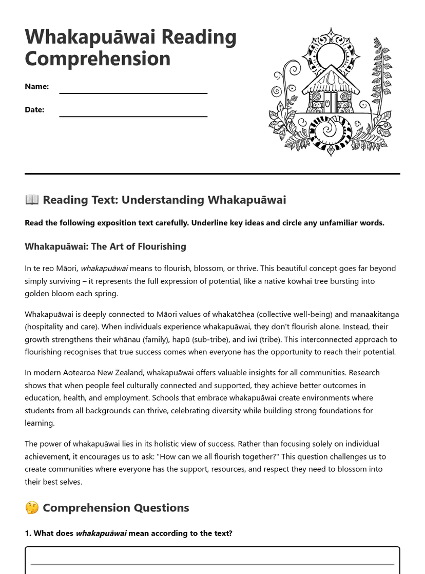 Whakapuāwai Reading Comprehension