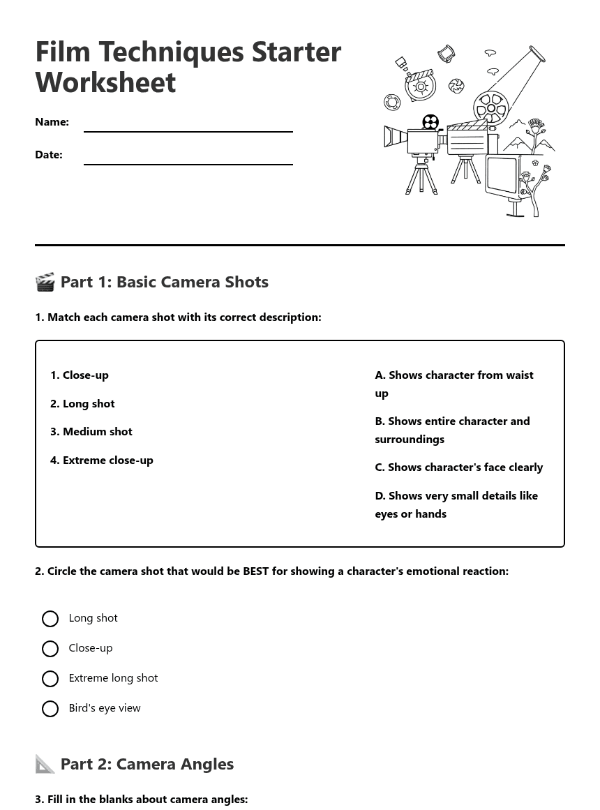 Film Techniques Starter Worksheet worksheet preview
