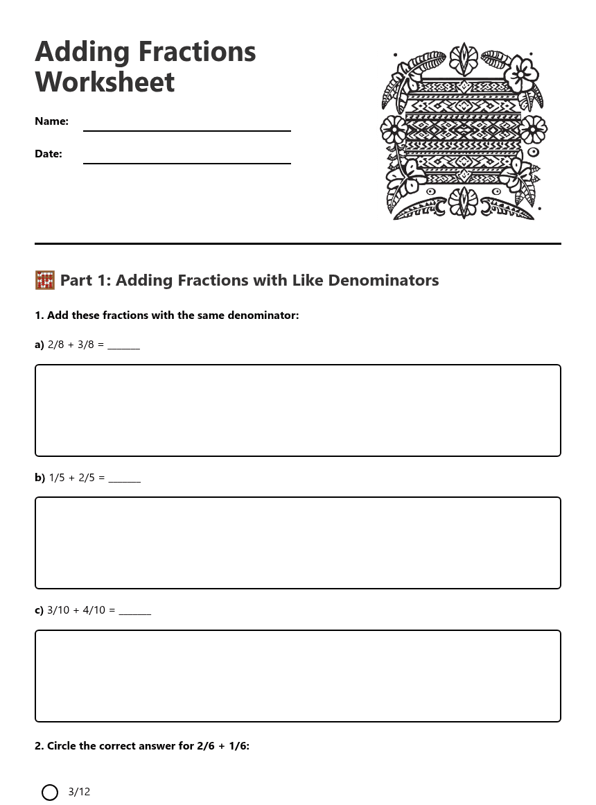 Adding Fractions Worksheet worksheet preview