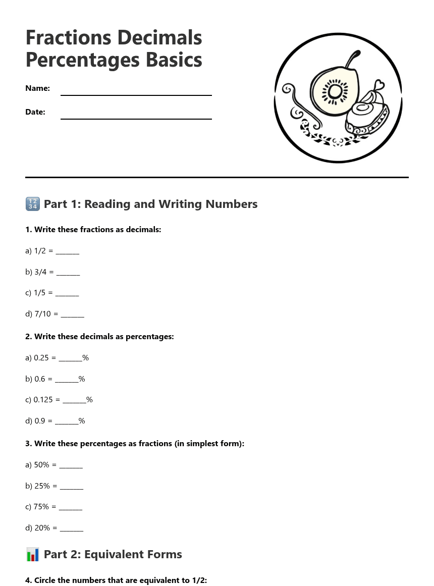 Fractions Decimals Percentages Basics worksheet preview