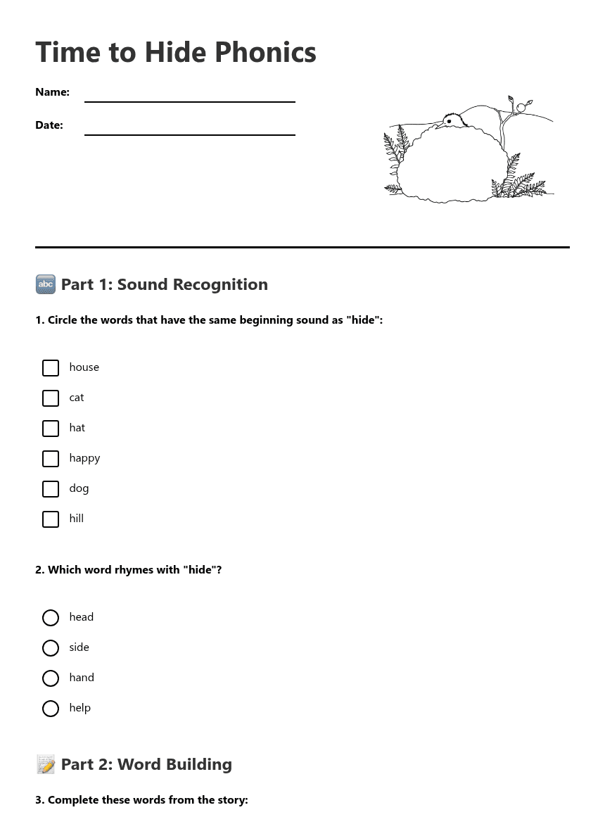 Time to Hide Phonics worksheet preview