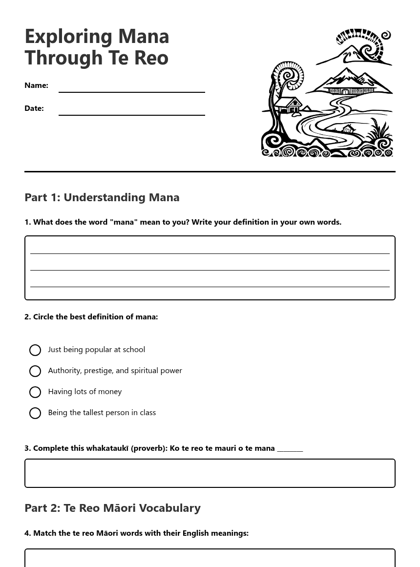 Exploring Mana Through Te Reo worksheet preview