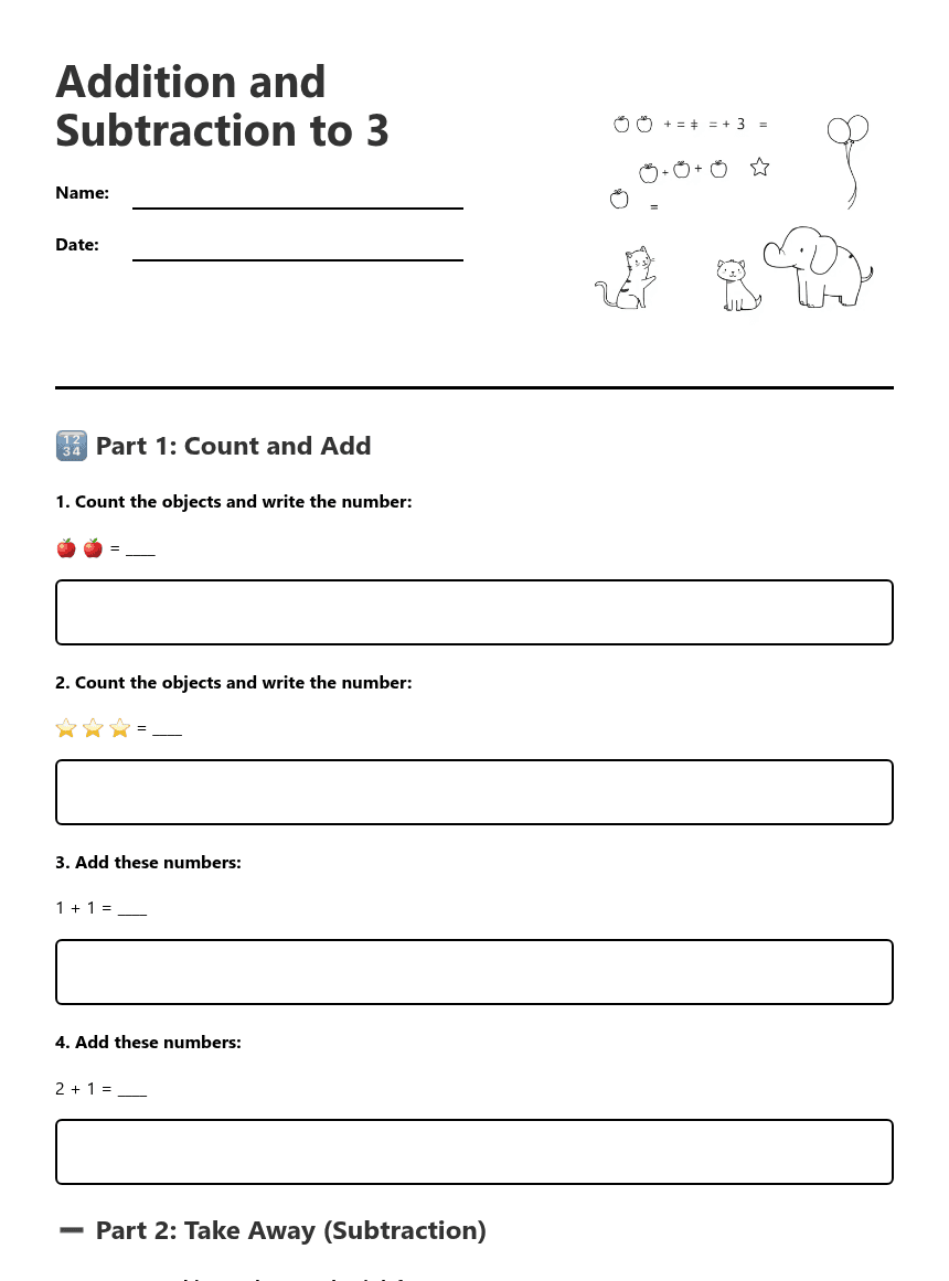 Addition Subtraction to 3 worksheet preview